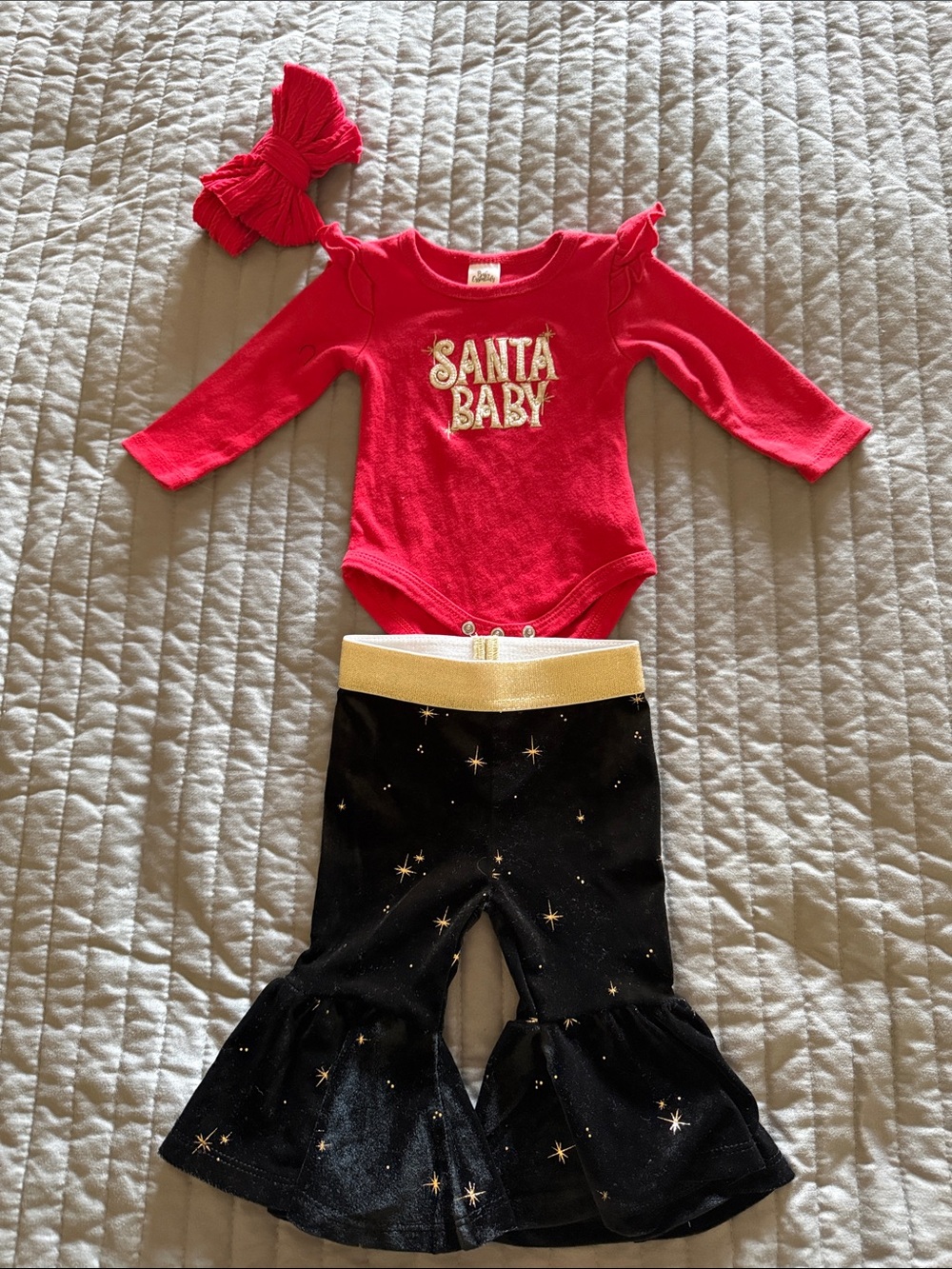Baby Essentials Red 'Santa Baby' Bodysuit with Black Star Bell-Bottoms